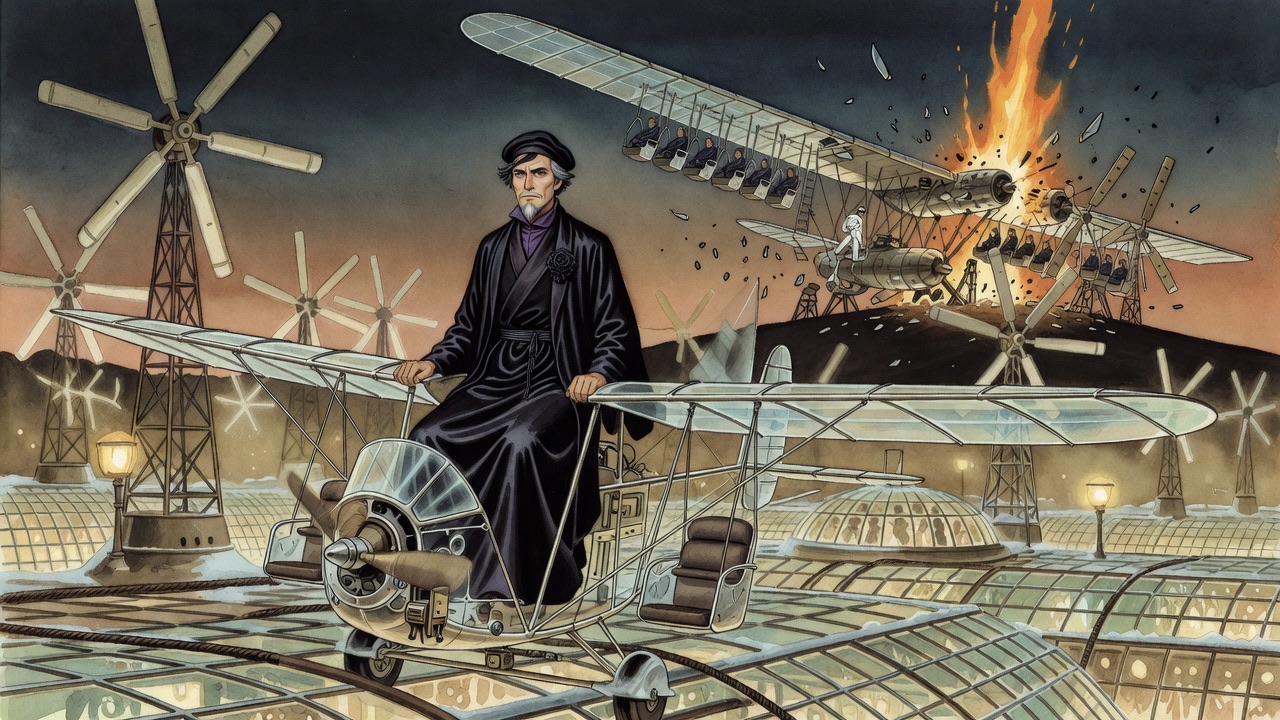 The giant aeroplane crashes and bursts among the wind-wheels of a hill as the monoplane spins away upward.