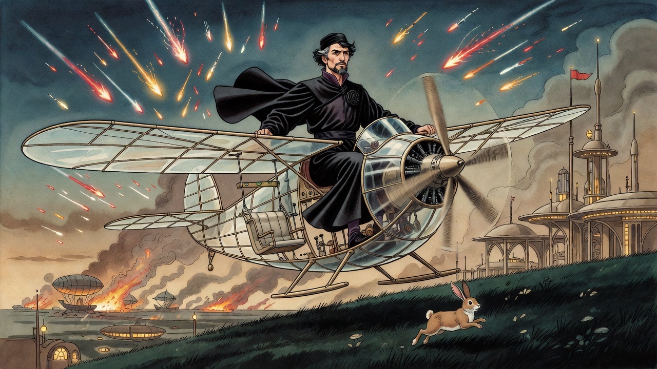 Skimming the dark ground at wild speed, the monoplane passes over a rabbit bolting up a slope, rockets bursting in the sky.