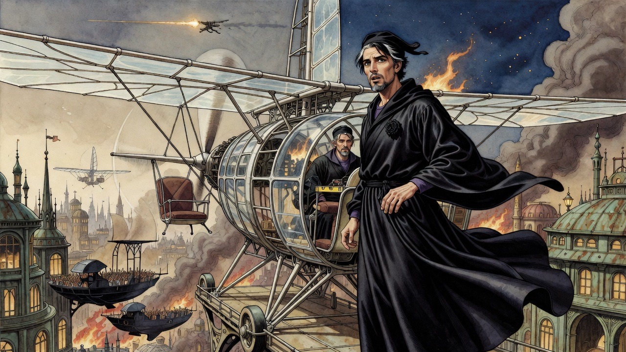 Close on the robed man's moved face, lips parted, as distant guns thud on the city's northern edge.