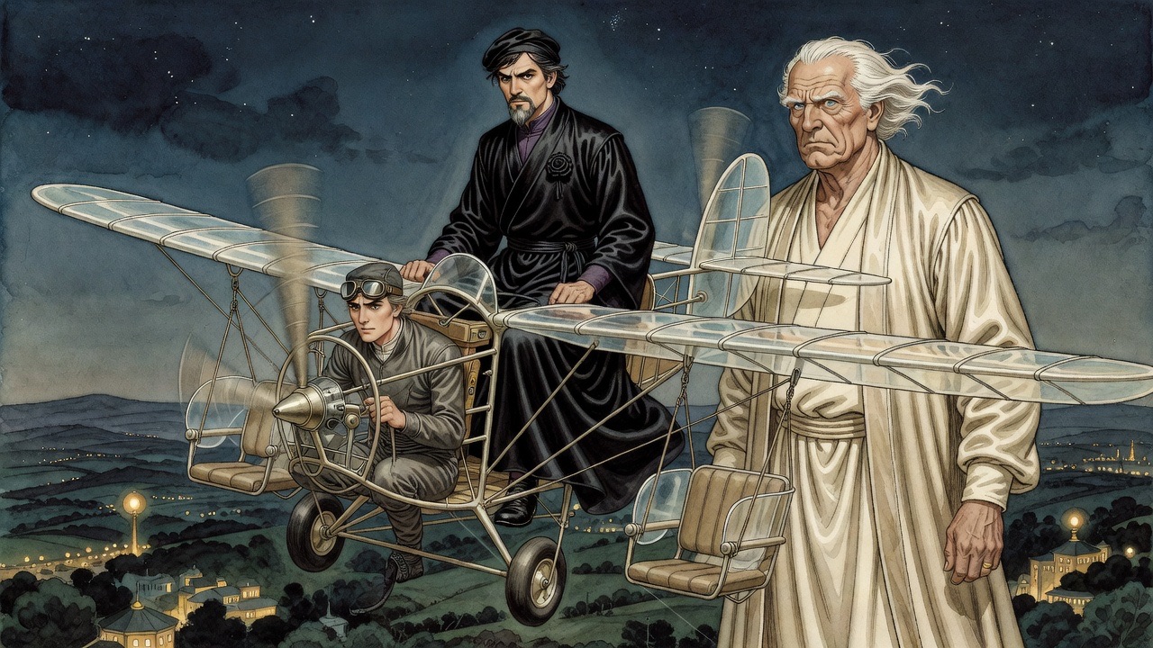 Diving past, the robed man glimpses the enemy monoplane: its aeronaut calm, the white-haired old man looking resolutely away.