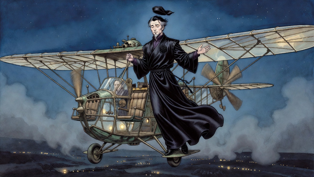 The man clings to a rib of his overturned monoplane as it falls through the night, wind rushing upward, the earth very near.